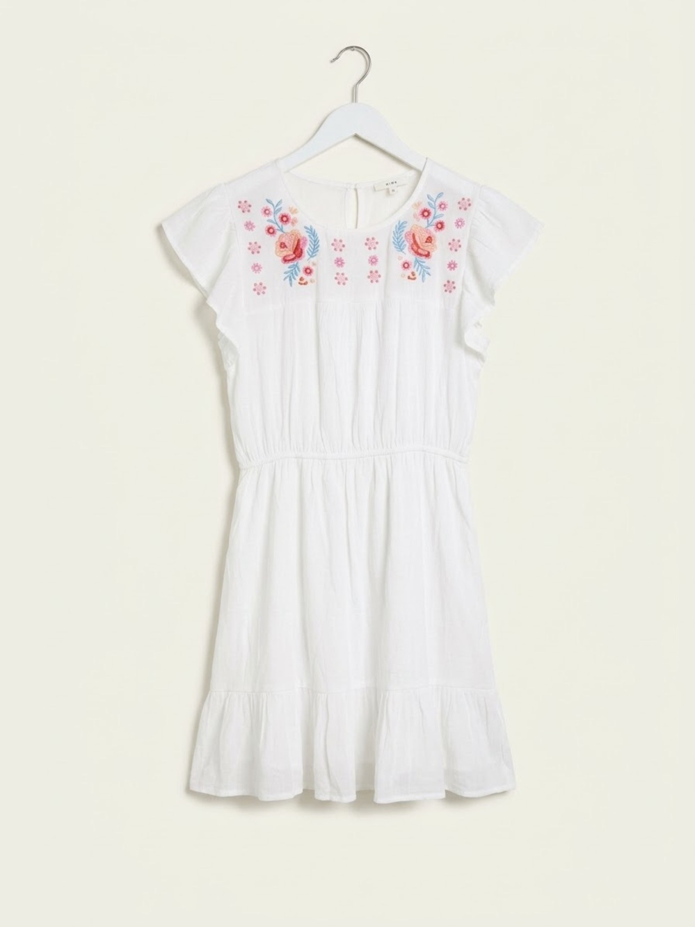 mine White Dress with Pink & Blue Floral Embroidery